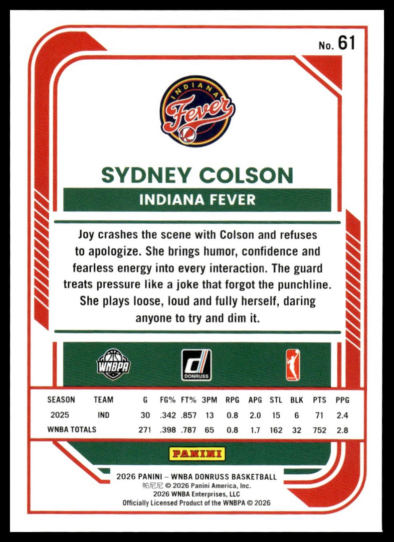 2026 Panini WNBA Donruss Sydney Colson Silver Holo