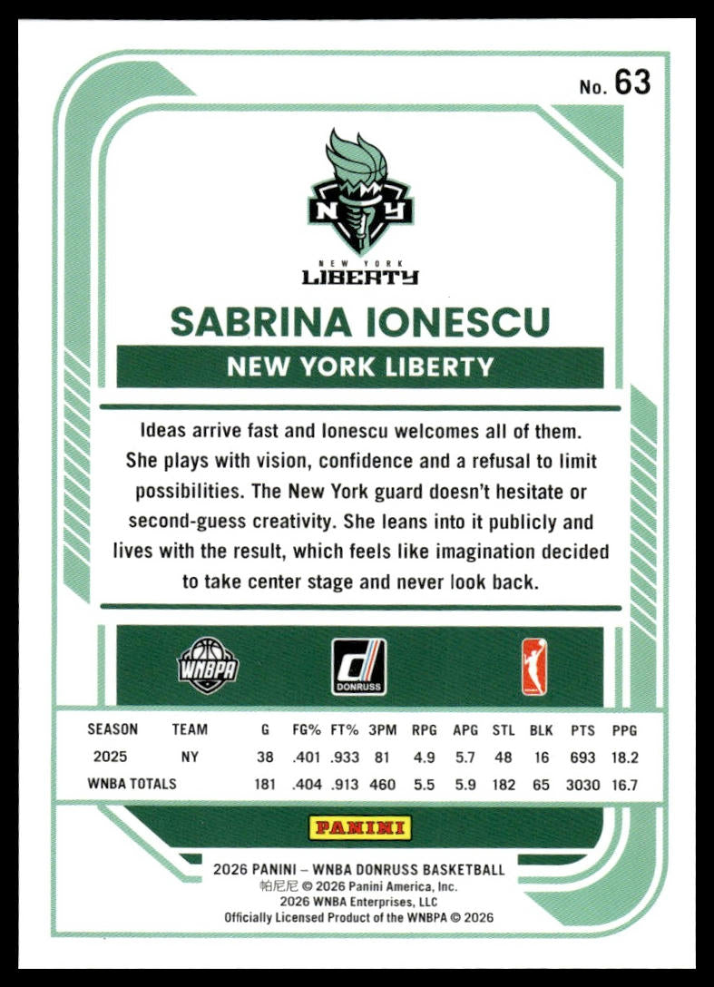 2026 Panini WNBA Donruss Sabrina Ionescu Silver Holo