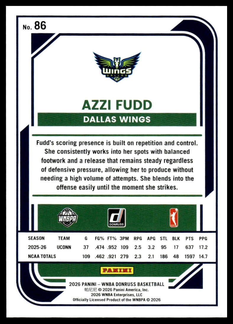 2026 Panini WNBA Donruss Azzi Fudd Rated Rookie Orange Laser #/299