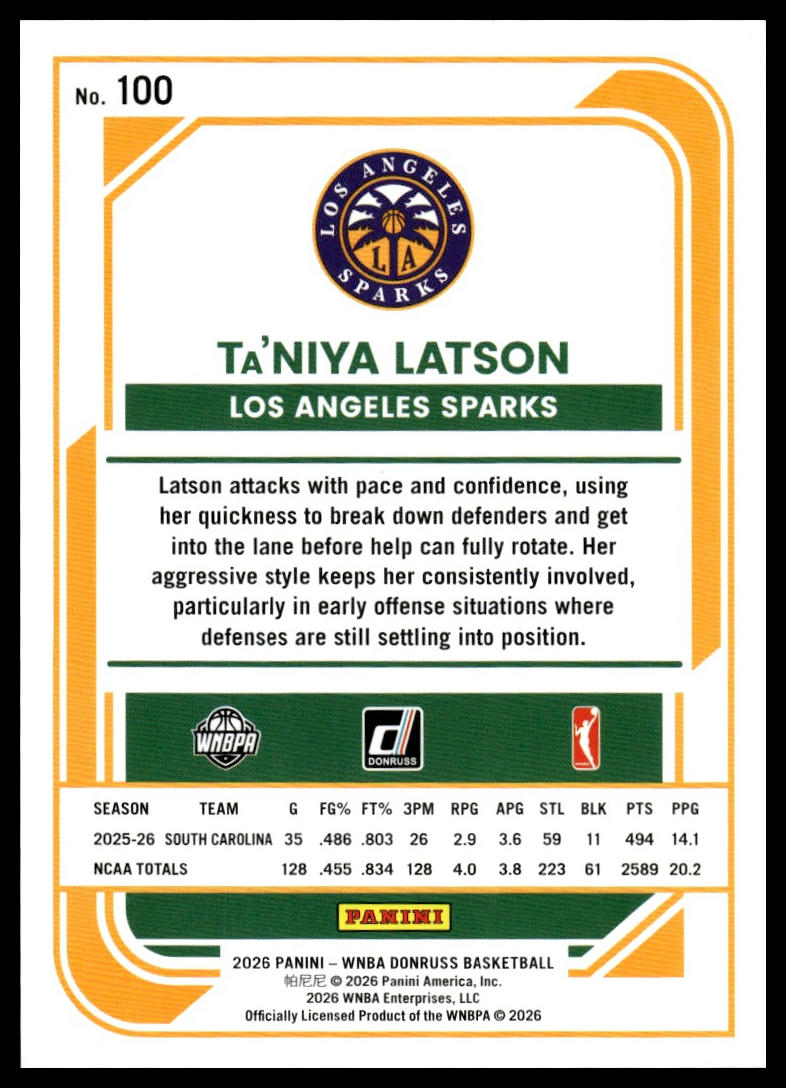 2026 Panini WNBA Donruss Ta'Niya Latson Rated Rookie Green Laser #/399