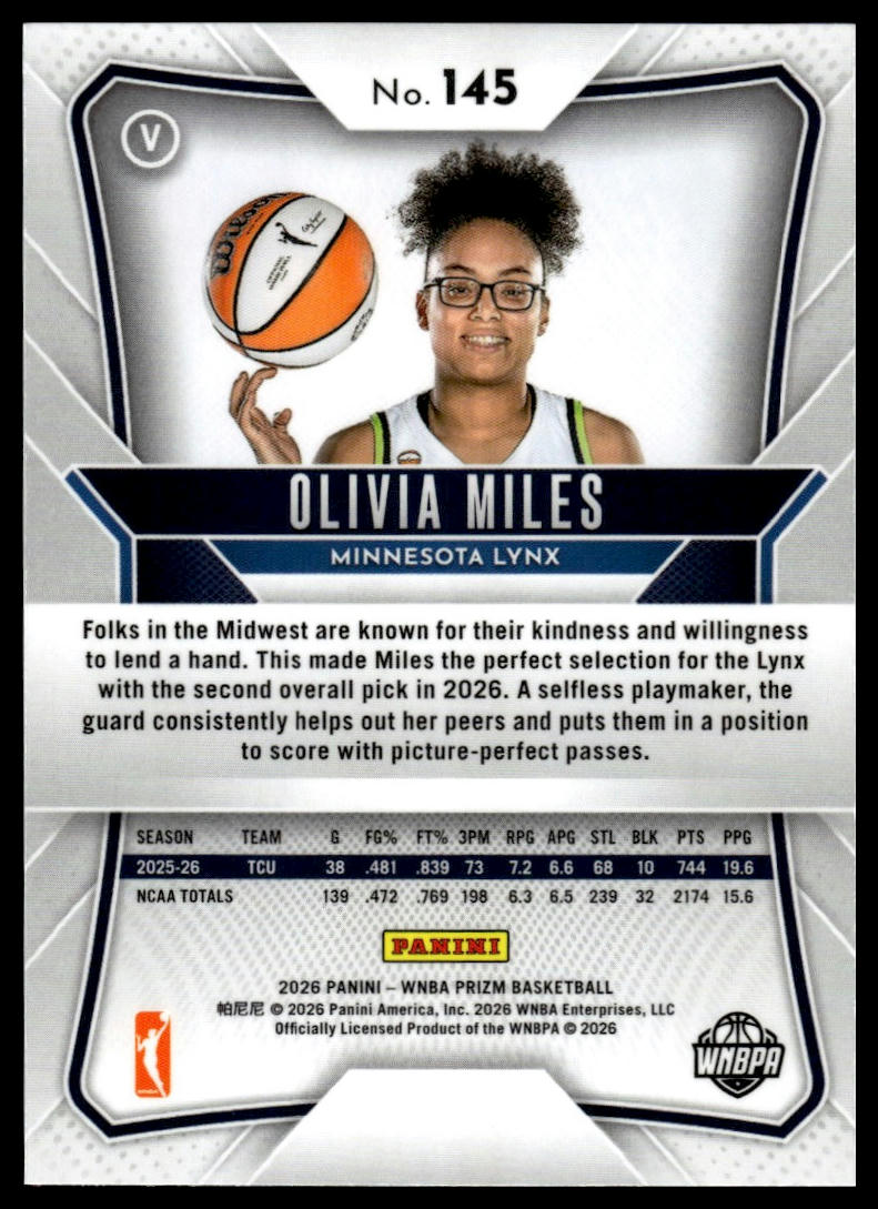 2026 Panini Prizm WNBA Olivia Miles Prizm RC #145