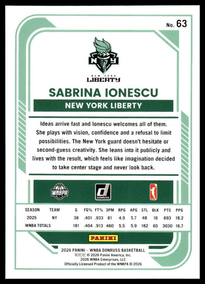 2026 Panini WNBA Donruss Sabrina Ionescu Silver Holo
