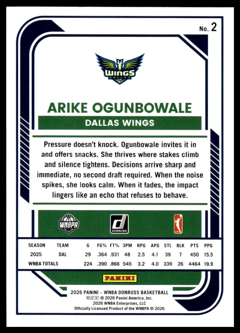 2026 Panini WNBA Donruss Arike Ogunbowale Purple Laser #/99