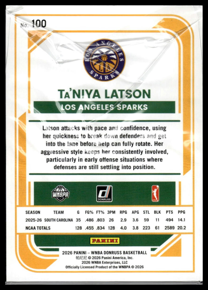 2026 Panini WNBA Donruss Ta'Niya Latson Rated Rookie Green Laser #/399