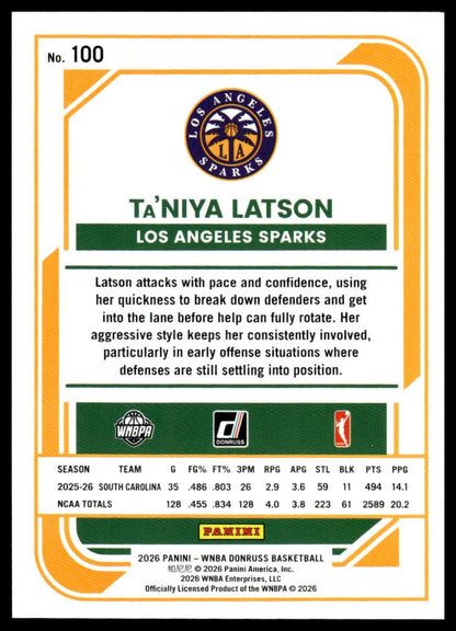 2026 Panini WNBA Donruss Ta'Niya Latson Rookie Pink Laser #/25 - BOOKEND 25/25